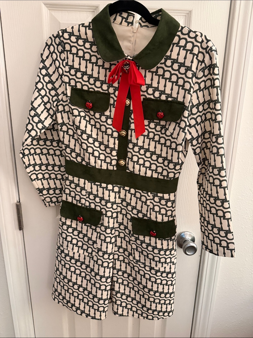 Cream & Olive Chain-Print Long Sleeve Dress with Red Bow